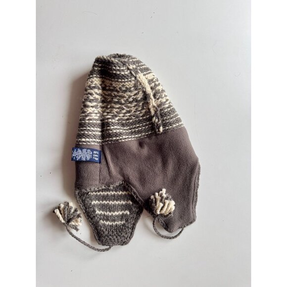 GAP Taupe Grey Ivory Shetland Wool Knit Pom Pom Trapper Beanie Hat, One Size - Picture 5 of 7